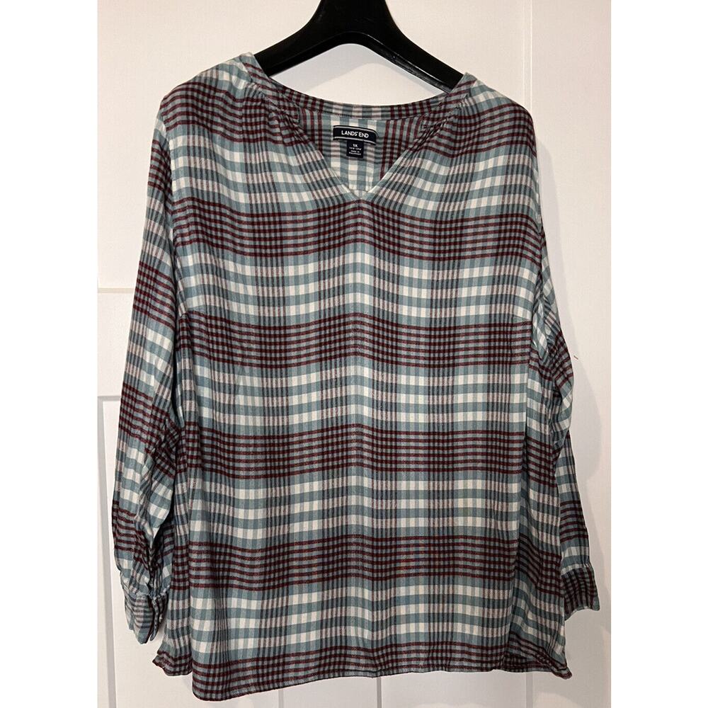 Lands' End Plaid Pleated Mandarin Collar Flannel Popover Shirt Red White Blue 1X